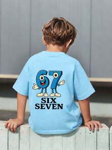 男童休闲印花圆领短袖T恤，夏季上衣 - 淺藍色 - 查看 4