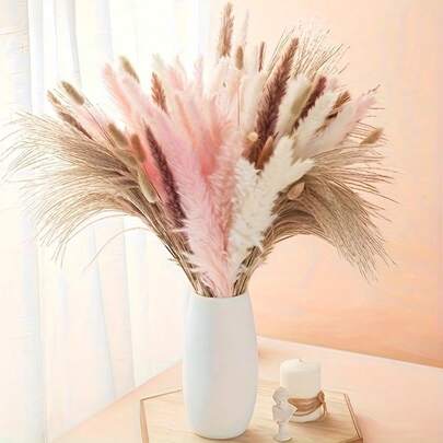 Dried Flower Bouquet - Pink Rabbit Tail Grass | Bohemian Style For Home Vase, Artificial Floral Decor For Living Room, Wedding, And Seasonal Arrangements