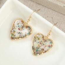 手工压花树脂耳环 心形纸屑吊坠饰品 花朵耳环 树脂耳环 花朵形树脂水滴耳环 - 金色 - 查看 2