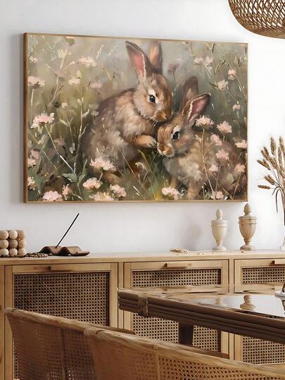 1pc Cute Bunnies Wildflower Field Easter Spring Print, Neutral Vintage Painting Farmhouse Decor 2 Bunnies Painting, Easter Wall Art, The Ideal Gift For Friends, Bedroom Art Print, Living Room Decor, Office Decor, Kitchen Decor, Bathroom Decor, Wall Arts, Wall Decor, Home Decor, Room Decor, Canvas Wall Art, Posters, Wall Art With Frame, Optional Frame ﻿