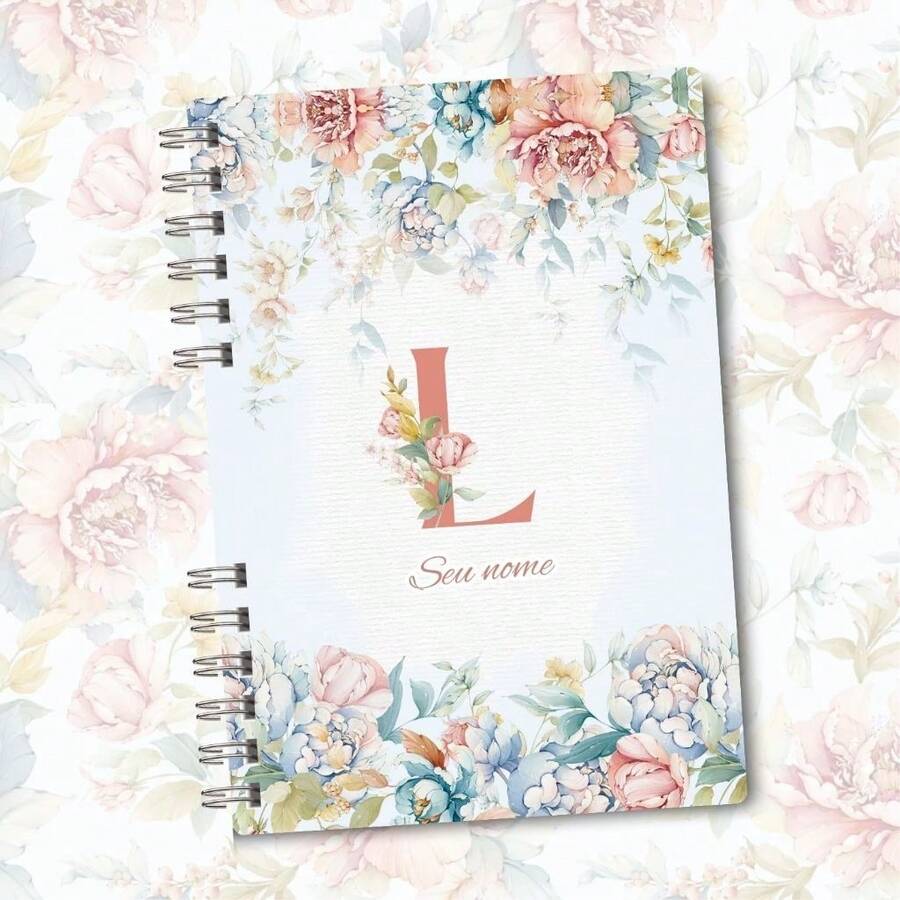 A5 Floral Pink And Blue Notebook Personalized With Initial Of The Alphabet - L - View 1