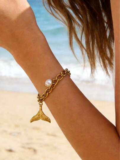 1 pieza Pulsera unisex de acero inoxidable con cola de pez y perla blanca con cierre OT, pulsera duradera y resistente a la decoloración con diseño de cola de pez, adecuada para hombres y mujeres como joyería diaria, regalo perfecto para novia, amigos y parejas durante las vacaciones