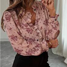 女士数码印花立领荷叶边长袖休闲衬衫 - 紅色 - 查看 3