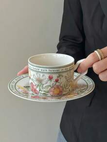 1pc High-End Gift Coffee Cup & Saucer, Retro Ceramic Specialty Coffee Cup, Breakfast Cup, Stylish Souvenir - Multicolor - View 2