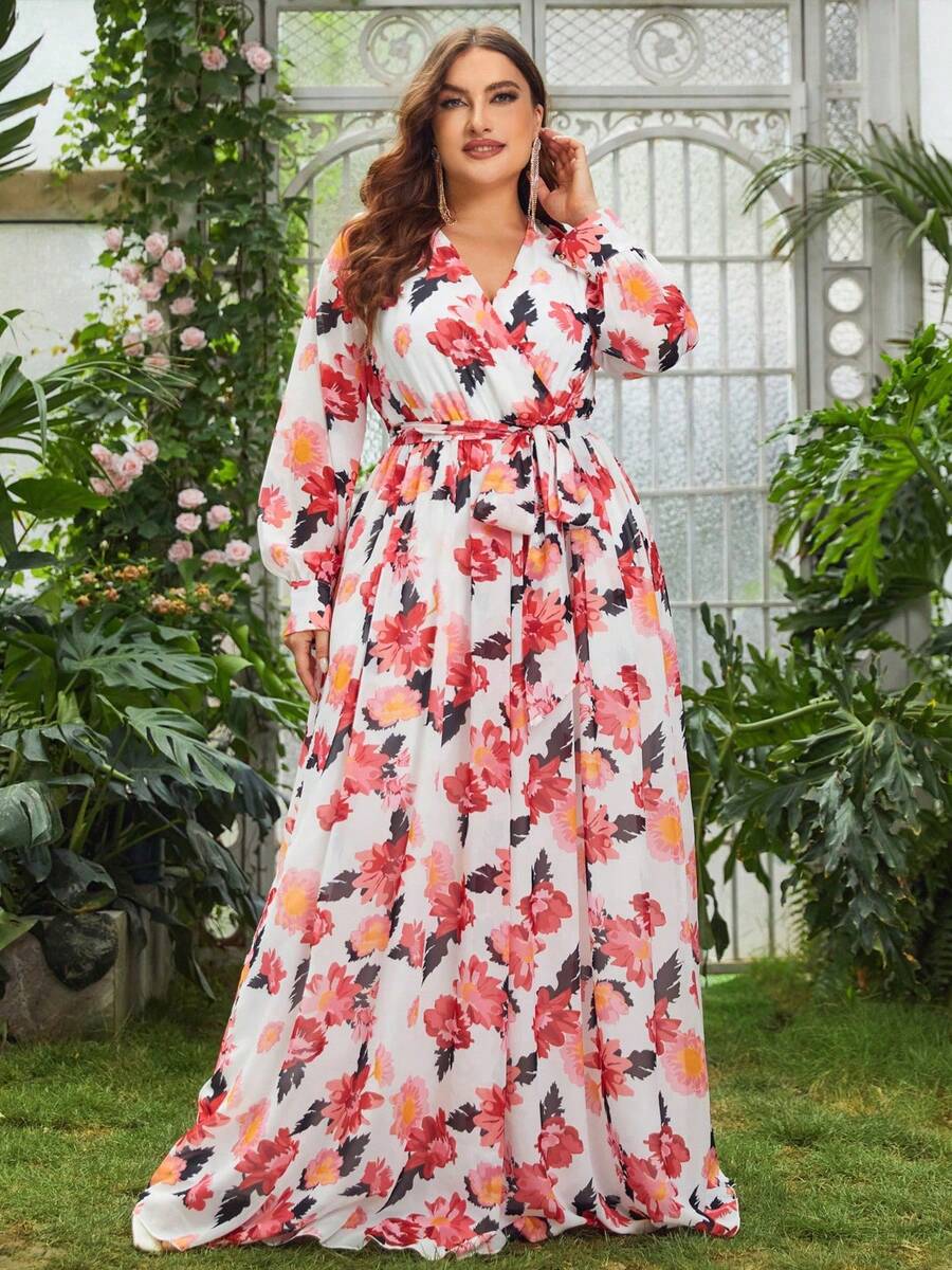 Faeriesty Elegantes A-Linien Maxikleid in Große Größen mit V-Ausschnitt und Langarm, geeignet für formelle Anlässe, Hochzeiten, Galas, Partys und Preisverleihungen - Weiss - Übersicht 1