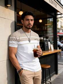 Men's Breathable Casual Short Sleeved T-Shirt - Summer Lightweight Elastic Polyester Blend, Round Neck Design, Machine Washable, Two Tone Splicing Logo Details, Lightweight And Breathable - Multicolor - View 2