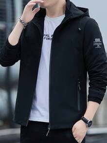 Men's Casual Hooded Windbreaker Jacket - Spring/Fall Relaxed Fit Zip Up Jacket With Pockets - Black - View 1