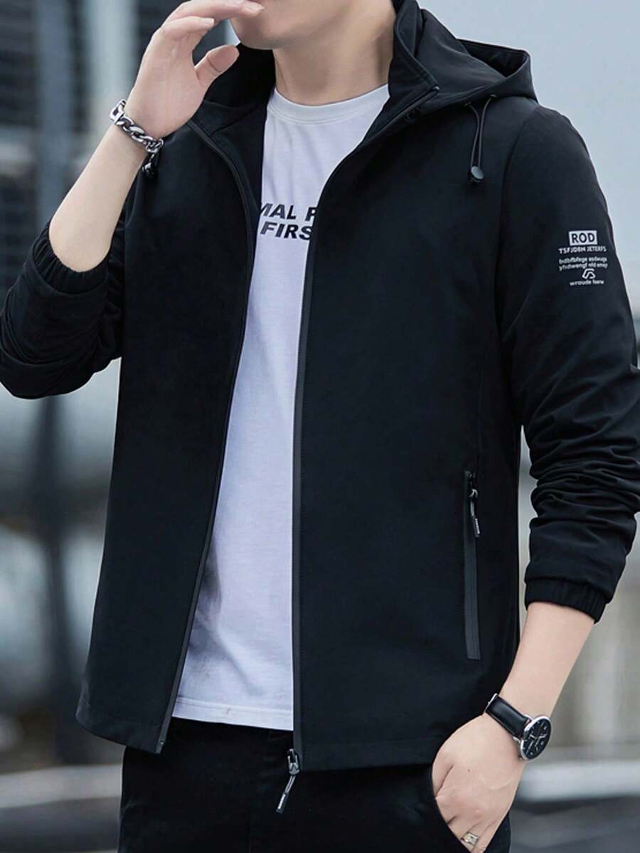 Men's Casual Hooded Windbreaker Jacket - Spring/Fall Relaxed Fit Zip Up Jacket With Pockets - Black - View 1