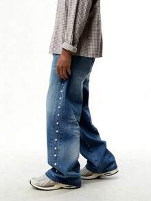 Men's Light Blue Washed Straight-Leg Jeans, Retro Y2K Style Minimalist Versatile, Suitable For All Seasons - Blue - View 3
