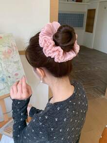 Pink Satin Ruffle Flower Scrunchie, Sweet And Gentle - Multicolor - View 3