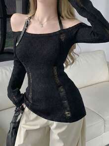 New Slouchy Knitted Cover Up For Women, Unique Design, Slim Fit, Hollow Out, Sexy Top, Spring/Summer - Black - View 2