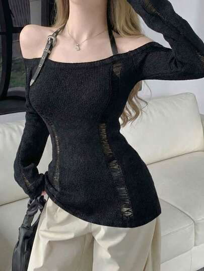 新款宽松针织罩衫，女士款，独特设计，修身剪裁，镂空设计，性感上衣，春夏款