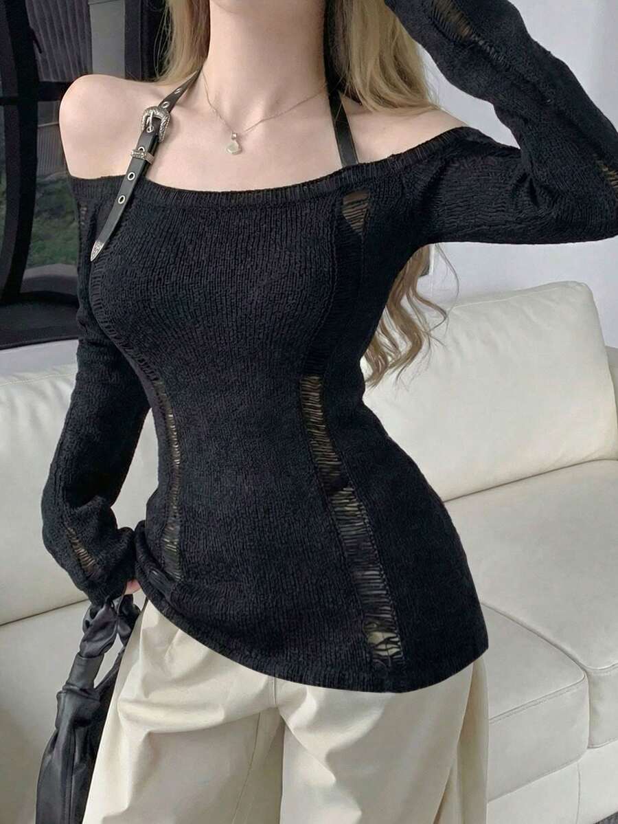 新款宽松针织罩衫，女士款，独特设计，修身剪裁，镂空设计，性感上衣，春夏款 - 黑色 - 查看 1