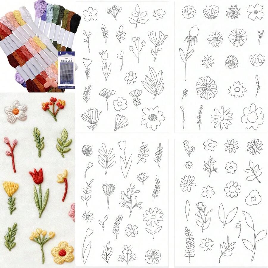 2pcs Wild Flower Floral Water-Soluble Embroidery Stickers, Self-Adhesive Non-Woven Fabric, Suitable For Beginners DIY Handcraft Decoration On Clothes, Bags, Hats
