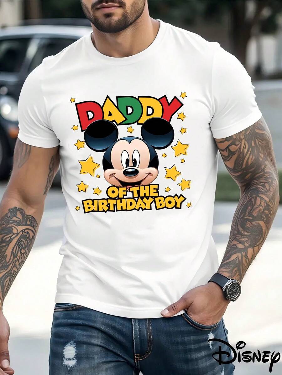 Disney Authorized! 1pc New Mickey Mouse Daddy Of The Birthday Boy Pattern Men's T-Shirt, Cartoon Pattern, Round Neck And Short Sleeves, Family Fan Merch. - trắng - Xem 1