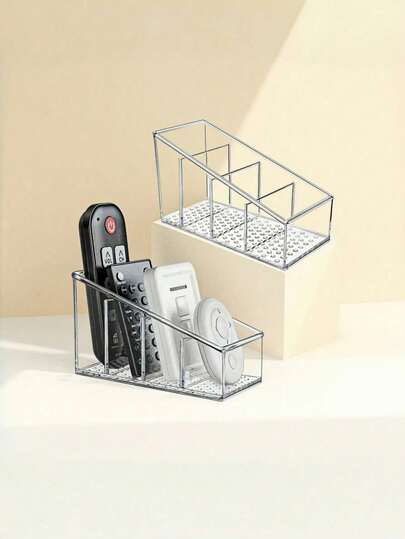 多功能亚克力收纳盒，三格设计，可收纳遥控器、化妆刷、笔及其他小物件 - 透明桌面或梳妆台收纳盒，适用于家庭和办公室