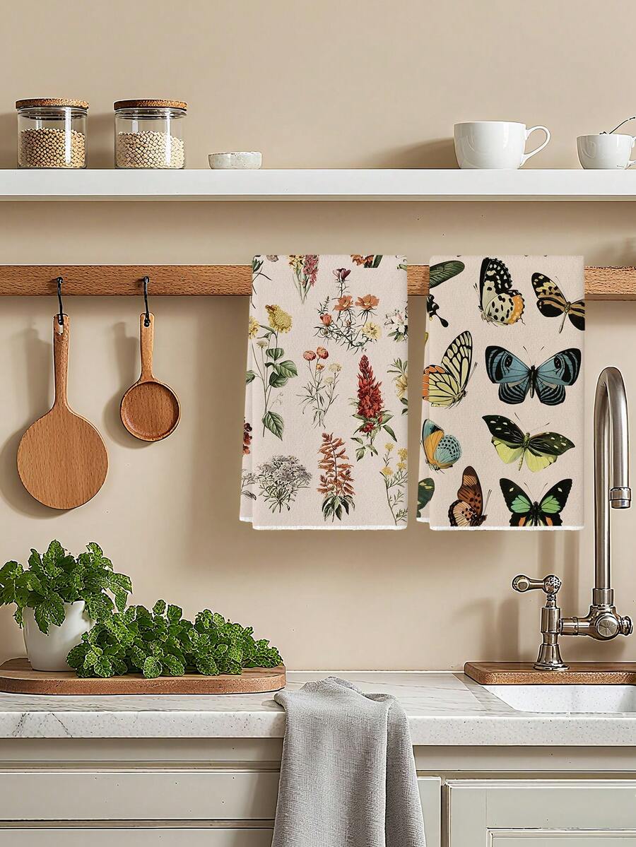 2Pcs Watercolor Butterfly Floral Farmhouse Kitchen Towels, Vintage European Farm Decor Dishcloths, Holiday Party Supplies, Hand Towels Suitable For Kitchen, Dining Room, And Dining Table - Multicolor - View 1
