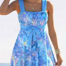 New Fashion Swimsuit With Slit, Two-Piece Swimsuit For Women, Tropical Solid Color Printed Swimsuit - 藍色 - 查看 3