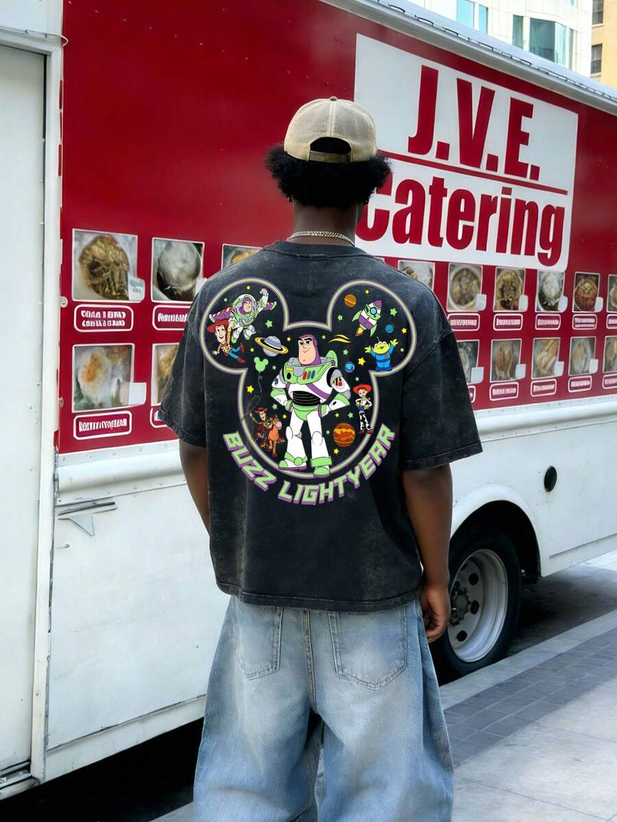Disney-Disney Toy Story Buzz Lightyear Pure Cotton Short Sleeved T-Shirt For Men In Summer, Washed Loose Oversized Top, Mickey Head Space Themed Printed Casual Half Sleeved Parent-Child Outfit - màu đen - Xem 1