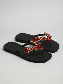 1 Pair Shiny Rhinestone Black Square Toe Fashion Flip Flops, Non-Slip Beach Sandals For Women - Multicolor - View 2