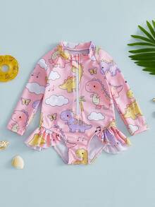 Toddler Girls Rash Guard Swimsuit Rompers Dinosaur Print Ruffles Hem Long Sleeve Crew Neck Kids Bathing Suit - Pink - View 5