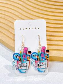 1对亚克力笔筒、尺子、苹果画板、双面印花可爱杯形笔筒、趣味卡通学生耳环、返校礼物（日常使用，女士） - 彩色 - 查看 6