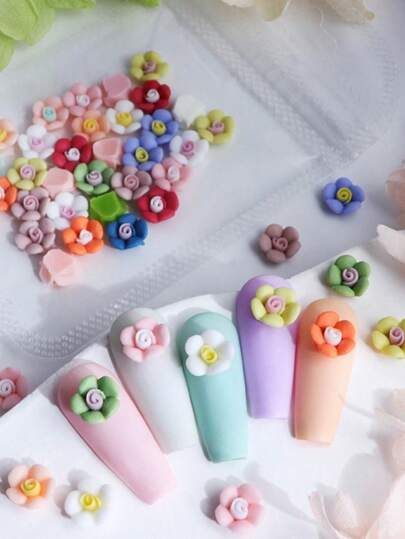 30pcs/Pack Mixed Color Puff Flower Nail Art Decorations, 3D Resin Nail Stickers Accessories