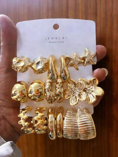 3-9 Pairs Luxury Gold-Tone Earring Set, With Embossed Starfish, Wave, Flower Textures, Soft Glow Effect, Suitable For Commute, Dates, Early Autumn To Deep Winter, Delicate & Elegant