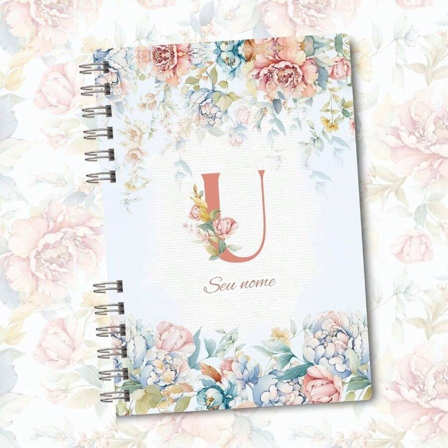 Caderno A5 Floral Rosa e Azul personalizado com inicial Alfabeto - U - Visão 1