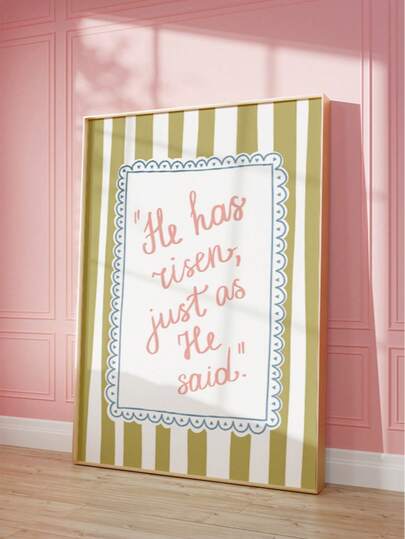 1pc Frameless 'He Has Risen Just As He Said' Easter Scripture Wall Art Print, With Green And White Striped Background, White Central Pink Lettering, Vintage Decoration, Suitable For Living Room, Bedroom, Dorm, Room Decor, Poster,Vintage Decor
