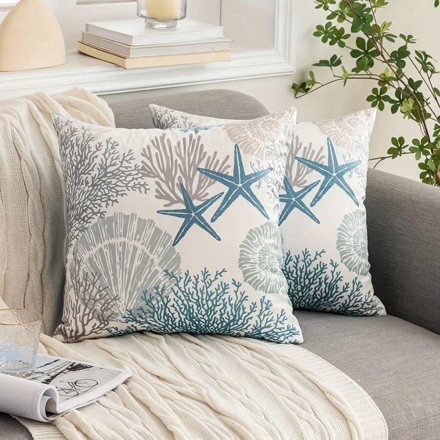 2pcs Super Soft Nautical Coastal Throw Pillow Covers, Ocean Theme Beach Shell Coral Starfish Sofa Cushion Cases, Outdoor Sofa Seat Cushion Covers, Modern Decor For Bedroom, Living Room, 18 X 18 Inches Gifts Birthday Graduation - 2入組 - 查看 1
