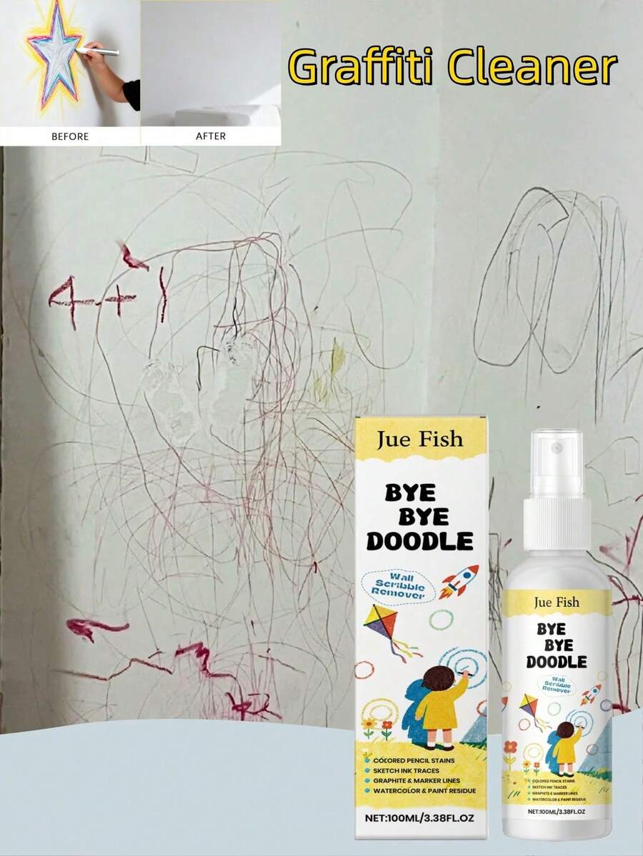 JUE FISH 1瓶100毫升/白色墙面涂鸦清洁剂，家用墙面涂鸦污渍覆盖护理，铅笔蜡笔状速效清洁喷雾，新旧版本随机发货