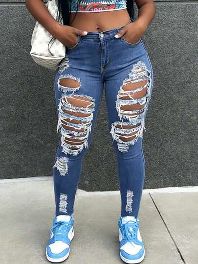 Women's Stretchy Mid-Rise Multi-Distressed Slim-Fit Denim Pants - Classic Wash Functional Pockets Slimming Comfort Daily Casual Jeans