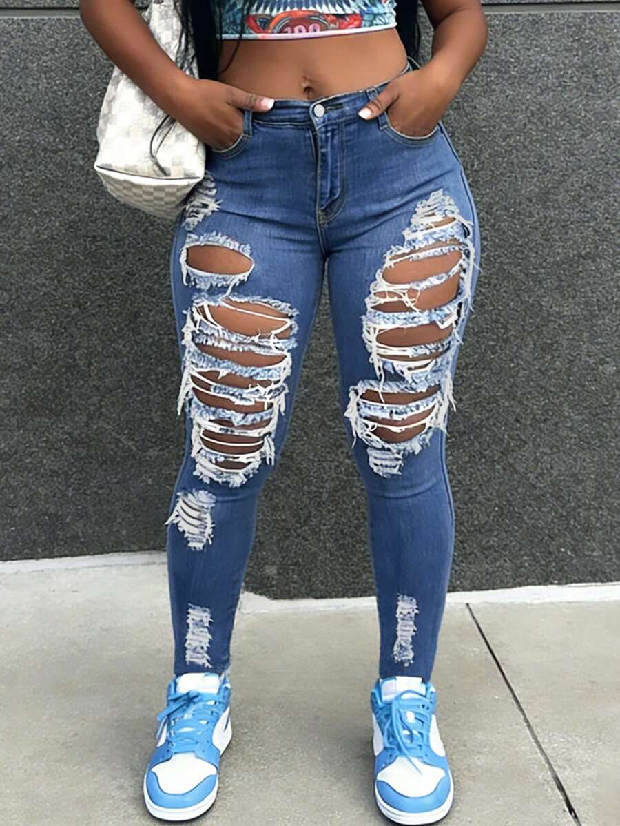 Quần jean nữ co giãn, cạp trung, nhiều vết rách, dáng ôm - Màu cổ điển, túi tiện dụng, thoải mái, tôn dáng, thích hợp mặc hàng ngày. - Rửa trung bình - Xem 1