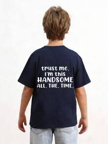 男童休闲印花圆领短袖T恤，夏季上衣 - 藏蓝色 - 查看 2