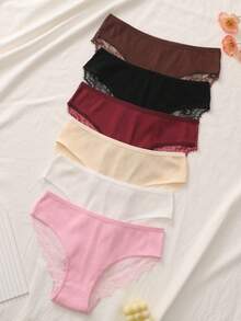 6 Pcs Women Contrast Lace High Waisted Cotton Brief - Multicolor - View 4