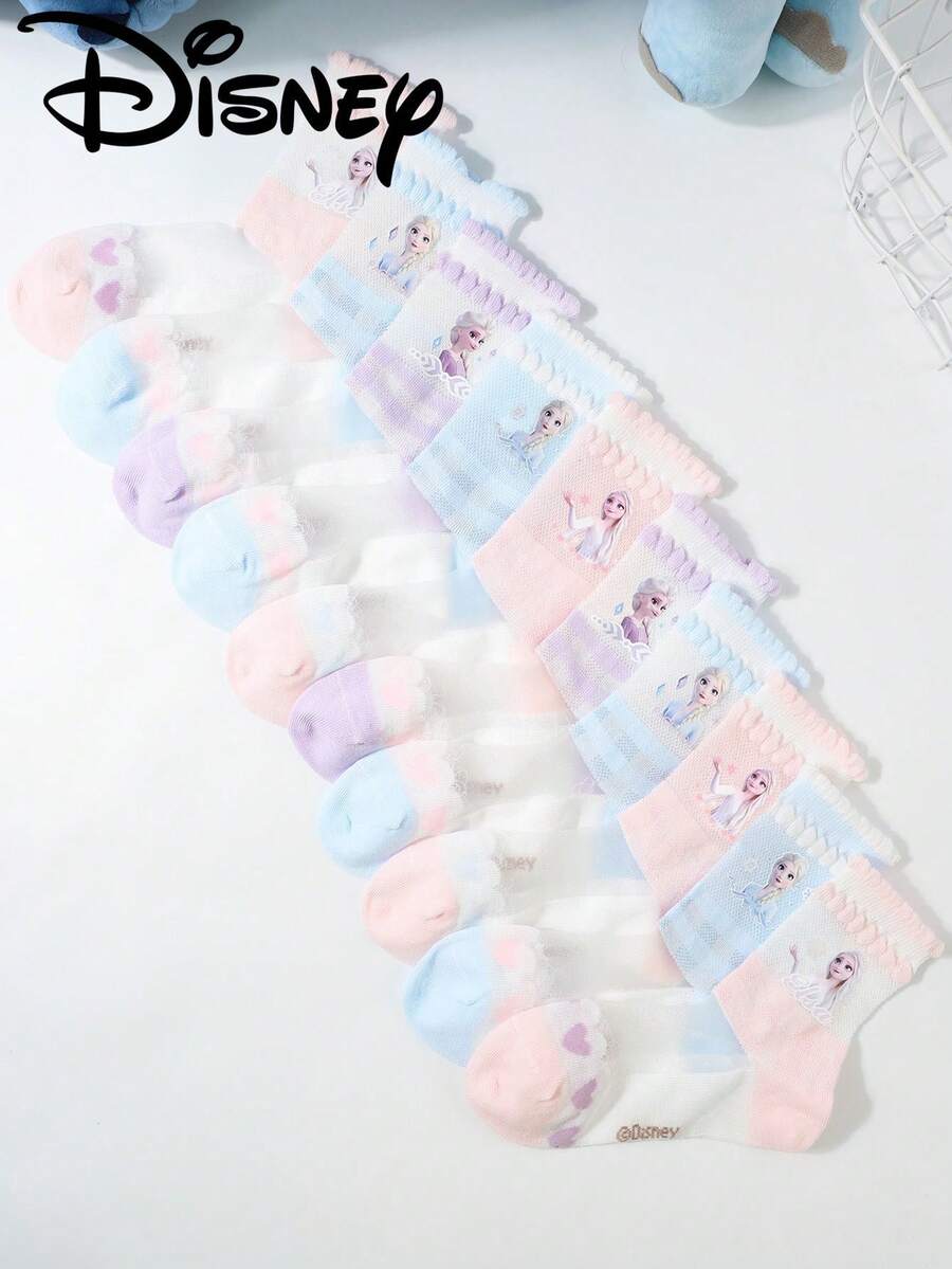Disney 5双装迪士尼冰雪奇缘卡通儿童袜，男女童透气婴儿袜，适合学校/居家穿着，春夏皆宜 - 彩色 - 查看 1