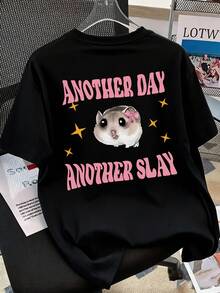 This Girls' Short Sleeve Tee, Featuring Funny Hamster Print With "Another Day Another Slay" Text, Black Casual Round Neck Top, Suitable As A Versatile Summer Casual T-Shirt - Black - View 1