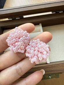 1 Pair Delicate Minimalist Fashion Woven Flower Stud Earrings, Suitable For Teenage Girls Daily And Festival Wear - Pink - View 4