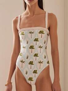 2026 Summer Beach Allover Print Backless One Piece Swimsuit - trắng - Xem 1