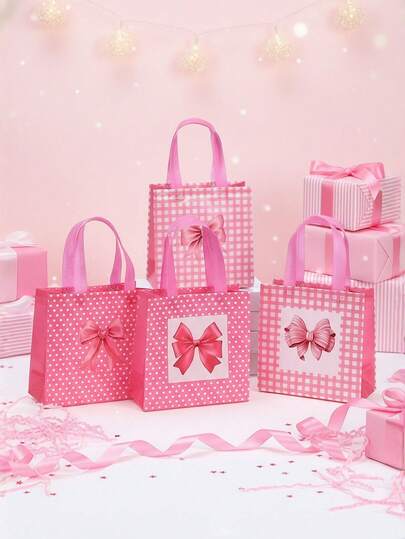 4/12/20pcs Bow Themed Gift Bags, Suitable For Theme Parties, Birthday Gifts, Weddings, Back To School, Summer Camps, Mother's Day Gifts, Women's Day Gifts, Love Themed Gifts, Anniversary Surprises, Foldable Shopping Bags And Party Bags, Gift Wrapping Supplies