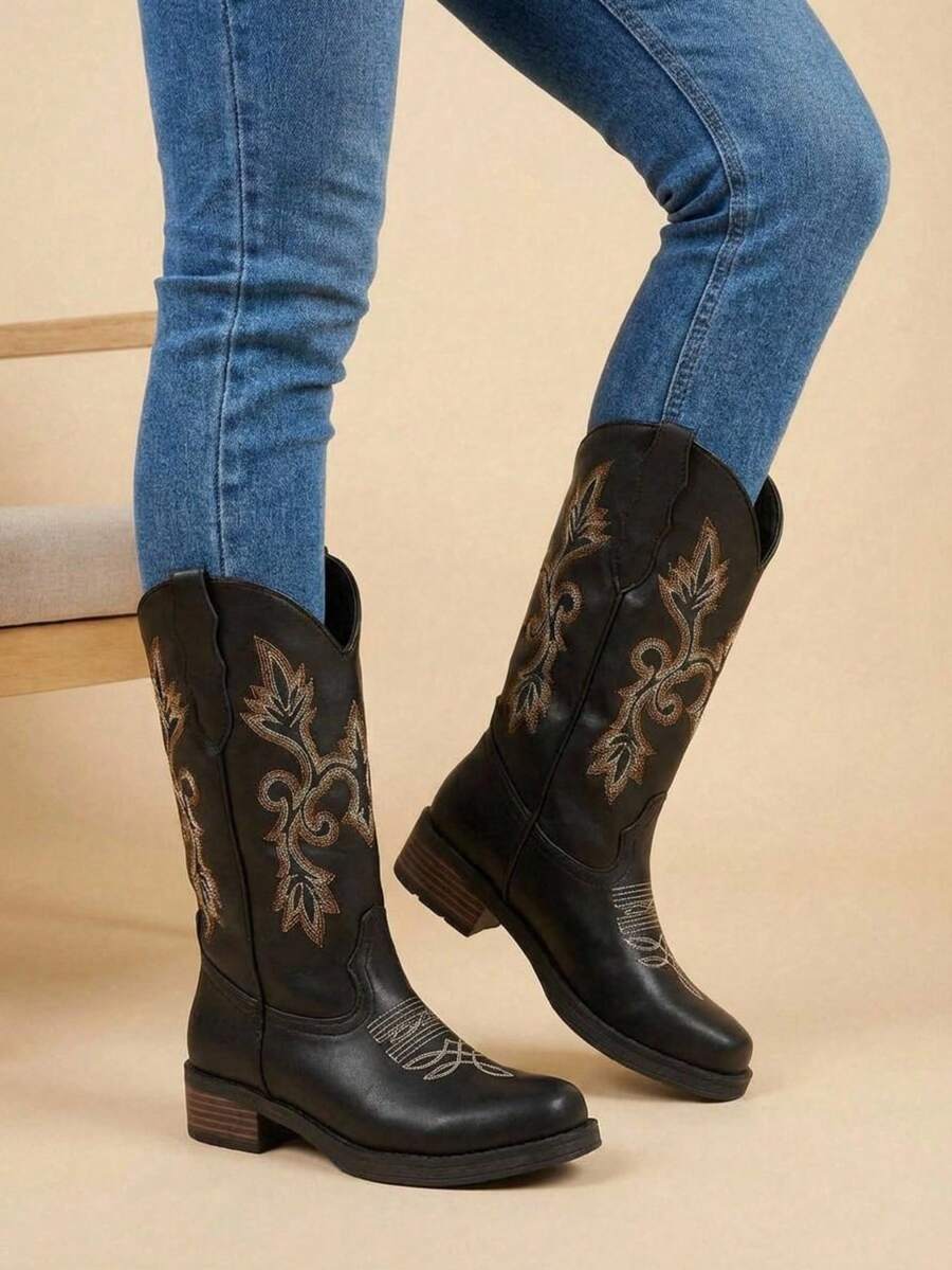Botas vaqueras bordadas para mujer, de media caña y punta redonda, estilo vaquera, a la moda. - Multicolor - Ver 1