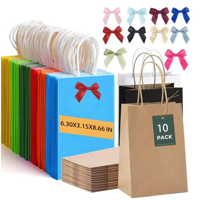 10个装小号彩虹牛皮纸礼品袋，带提手，彩色纸质派对礼品袋，适合儿童生日、婴儿派对、手工制作、婚礼、聚会、活动、课堂和庆祝活动（包含10个自粘DIY蝴蝶结）