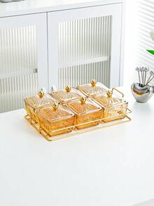 1 Set Luxury Fruit Plate With Jar, Home Living Room Coffee Table Candy Box, Compartment Dust-Proof Dried Fruit Box, Snack Tray, Dining Table Storage Box - Gold - View 9