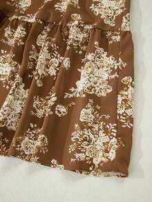 Acelitt 天蓝色波西米亚碎花高腰荷叶边开衩长裙 夏季 - 棕色 - 查看 8