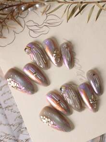 10pcs Press On Acrylic Nails Fake Nails Long Purple Nails Aurora Golden Leaves Pure Handmade Production Nails Long Nails Press On Nails Set Includes 1sheet Adhesive Tabs &1 Pc Mini File Handmade Press On Nails - Multicolor - View 3