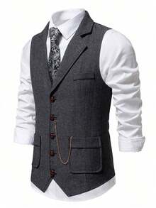 New Men's Herringbone Woolen Tweed Vest, Retro Lapel, Horse Chain Decoration, For Fall Winter - Màu xám đen - Xem 3