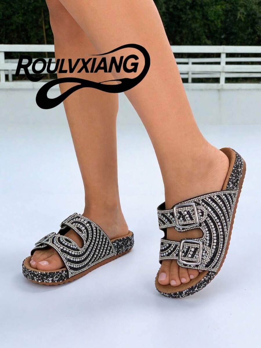 roulvxiang 2026新款纯色亮面波西米亚休闲度假时尚复古Y2K哥特式串珠搭扣亮片水晶水钻女式平底凉鞋,塑料拖鞋,适合沙滩、度假、派对、办公室、户外、春夏穿着 - 銀黑 - 查看 1