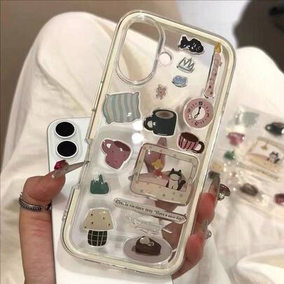 A Kawaii Coffee & Cat Daily Collage Phone Case, Slim Shockproof Clear Cover Compatible With IPhone 17/17 Air/17 Pro/17 Pro Max/16/7/8/11/12/13/14/15/X/XR/Xs/Plus/Pro/Pro Max/SE2