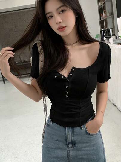 Women's Solid Color Square Neck Short Sleeve Fitted Frill Trim Casual T-Shirt, Spring/Summer